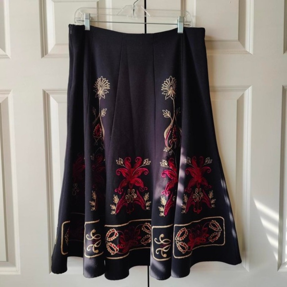 Vintage y2k Bohemian Ornamental Embroidered Panel Midi Skirt Stretch Black Sz 14 - Picture 4 of 8